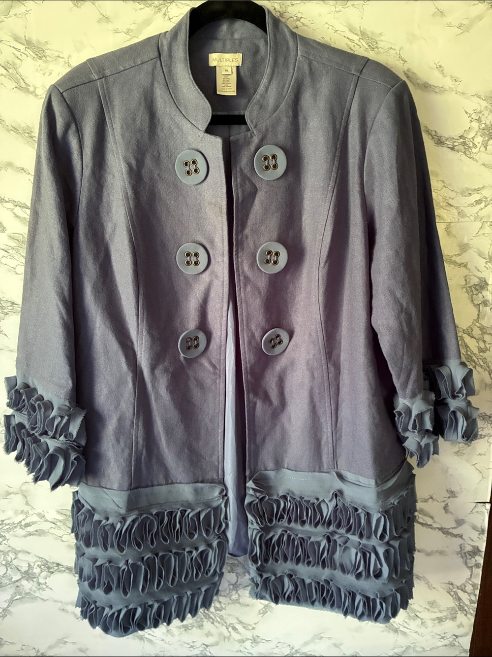 Multiples  0X Women's Slate Blue Ruffle-Trim Double-Breasted Jacket